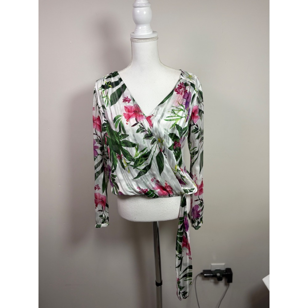 Guess Los Angeles Floral Tropical Wrap Blouse White Pink Green XS GL900116